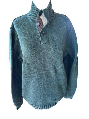 Vintage Ralph Lauren Chaps Green Mock Neck Sweater Elbow Patches Buttons L